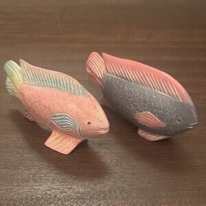 Two Vtg Hand Carved Wooden Tropical Fish Painted Coastal Decor Beach Chic